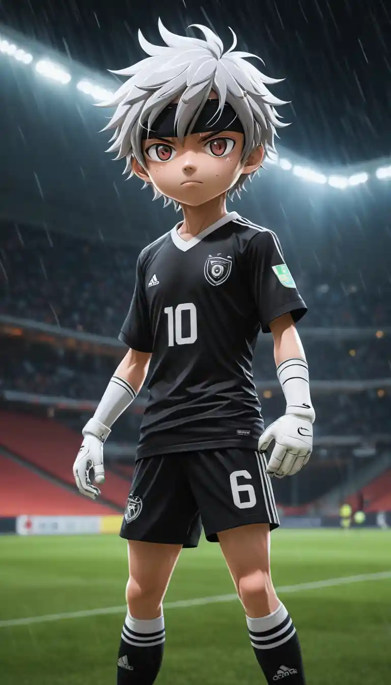Blindfolded soccer prodigy on rainy anime stadium field
