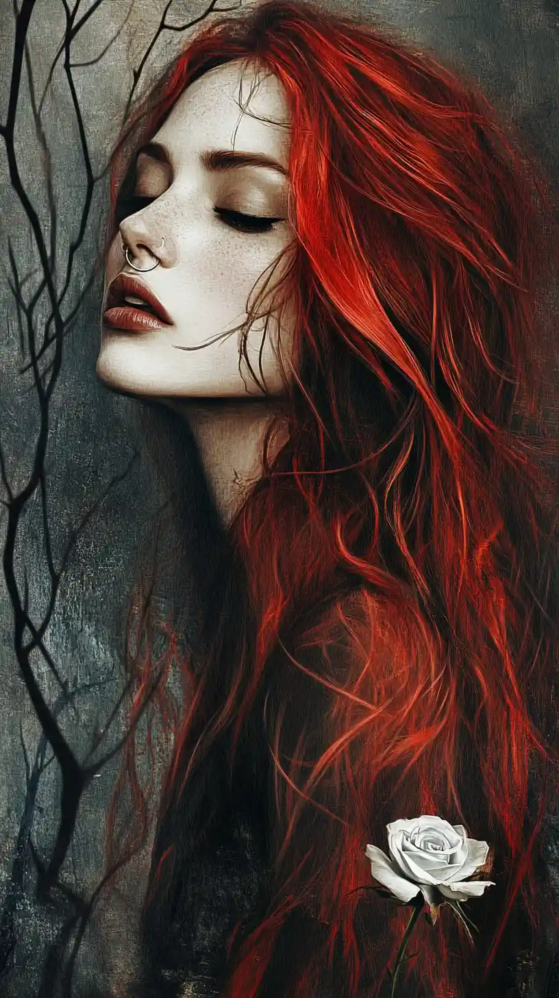 Gothic portrait of a woman with red hair and white rose