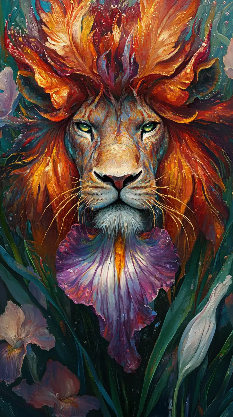 Fantastical Lion Hybrid Emerging From Vibrant Iris Flower