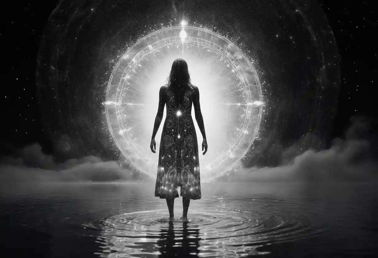 Full body woman linked to a glowing cosmic water cycle