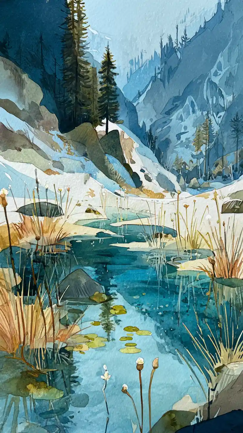 Aquarell-Berglandschaft mit Bach und fernen Gipfeln
