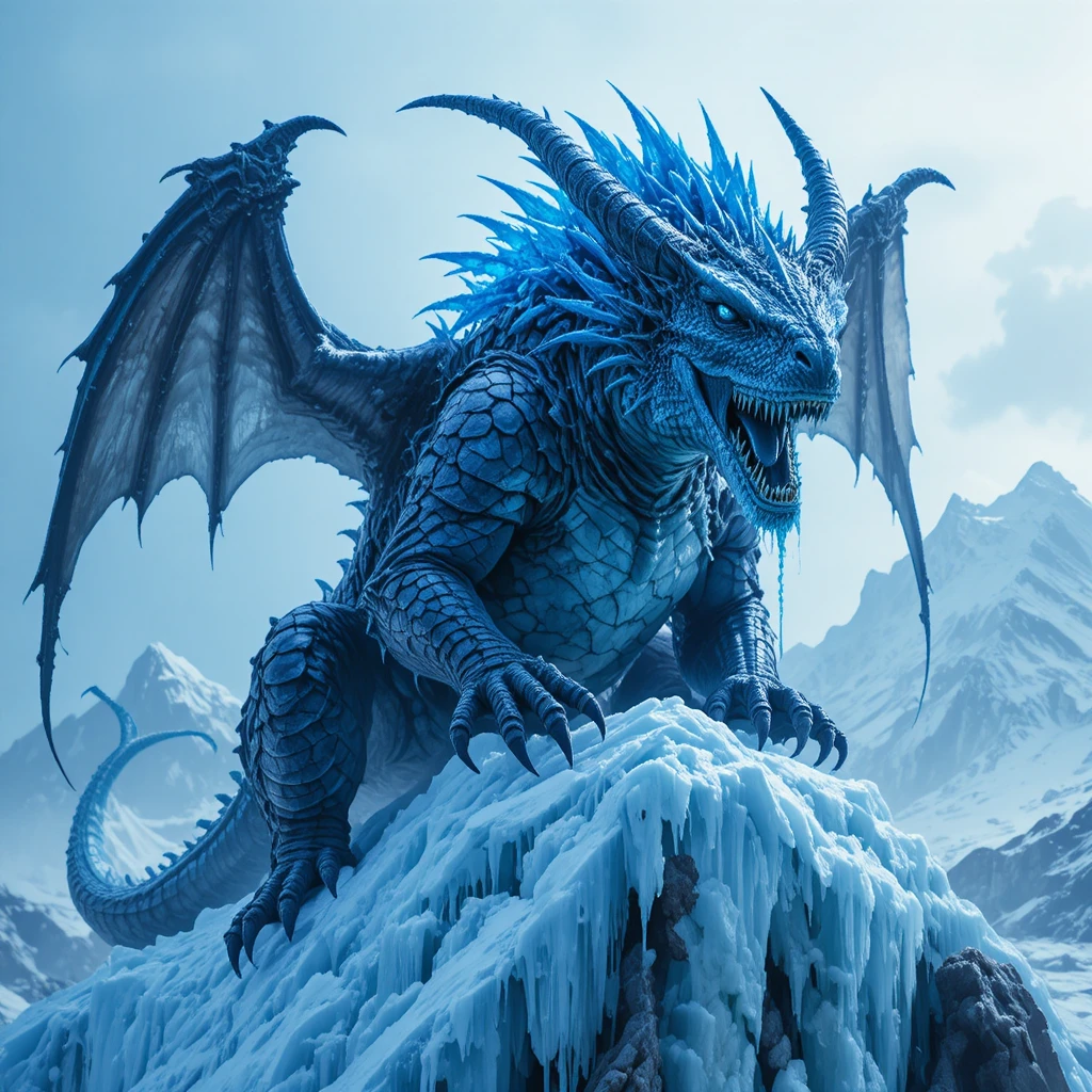 Ancient blue dragon on a shattered glowing ice mountain