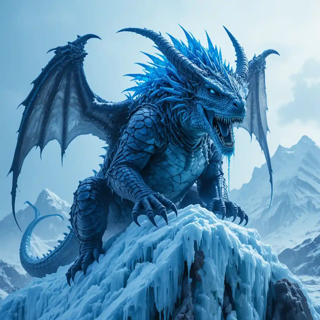 Ancient blue dragon on a shattered glowing ice mountain