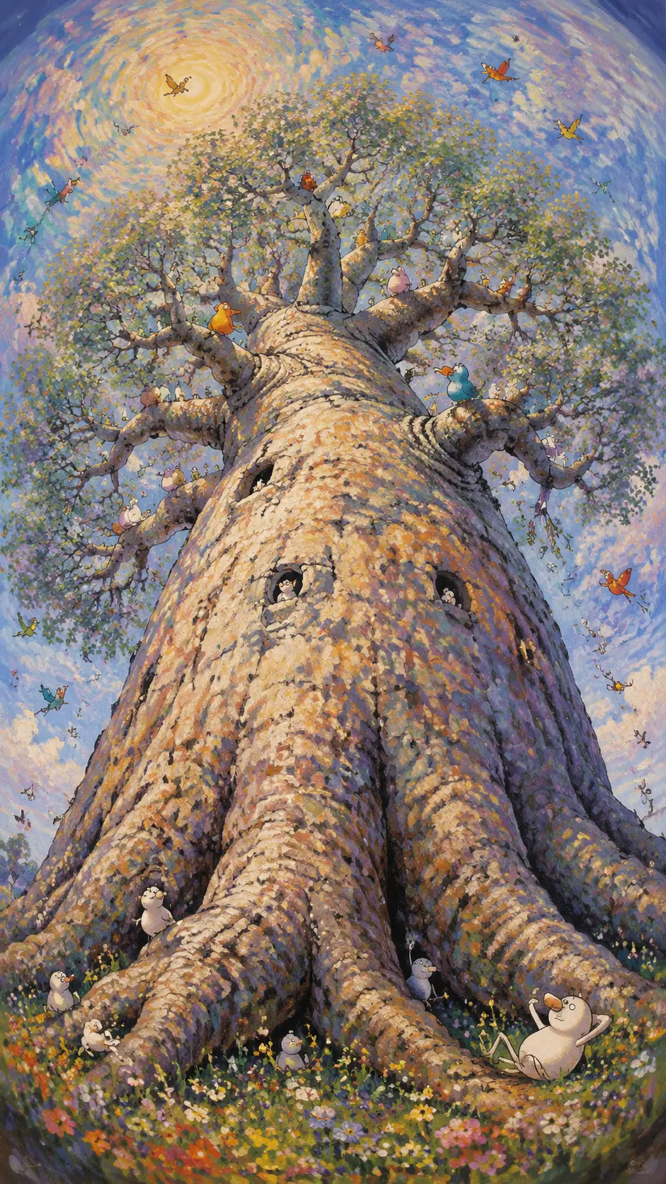 Ancient baobab tree seen from below with colorful birds
