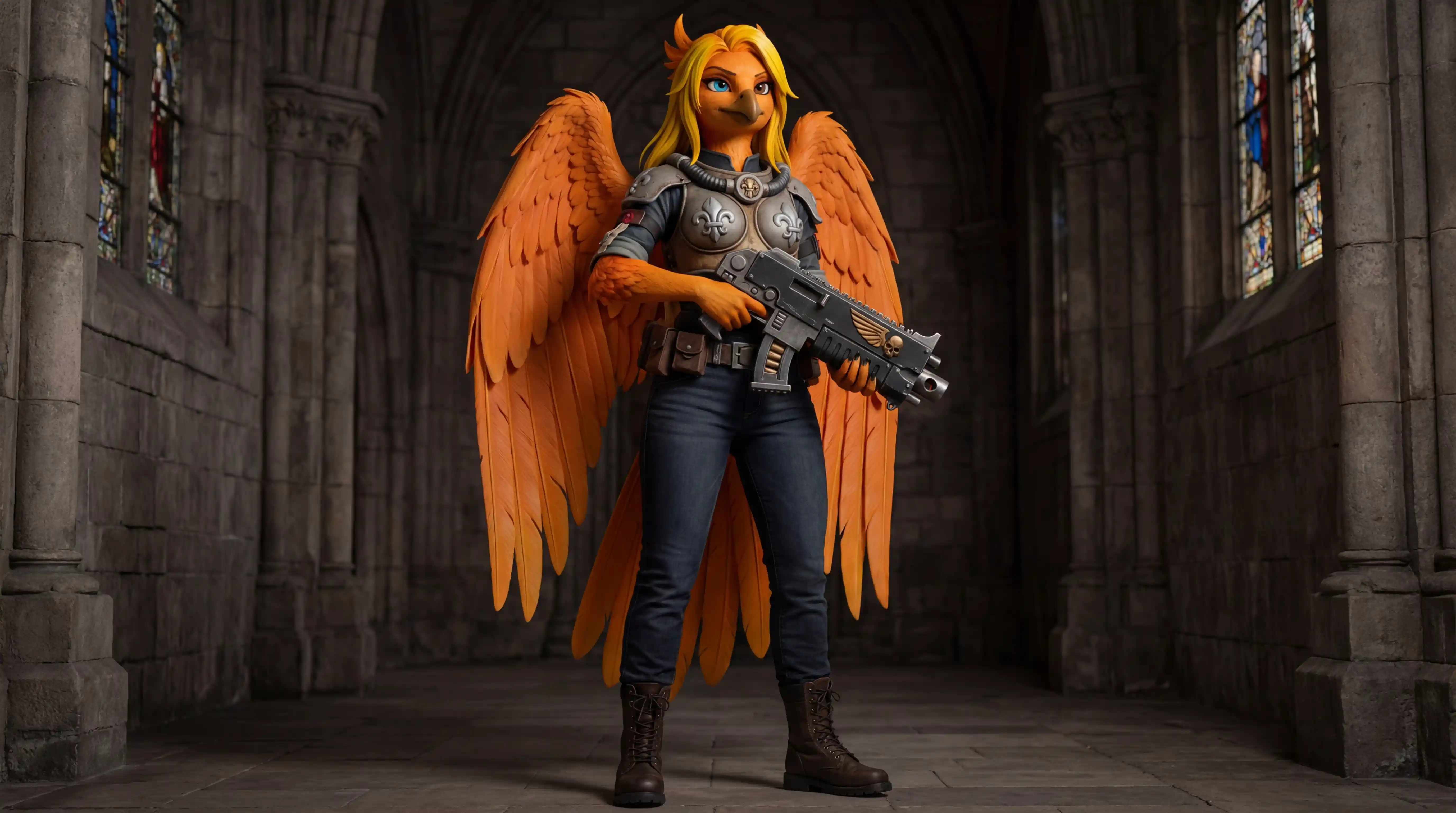 Winged phoenix warrior woman in casual modern clothing