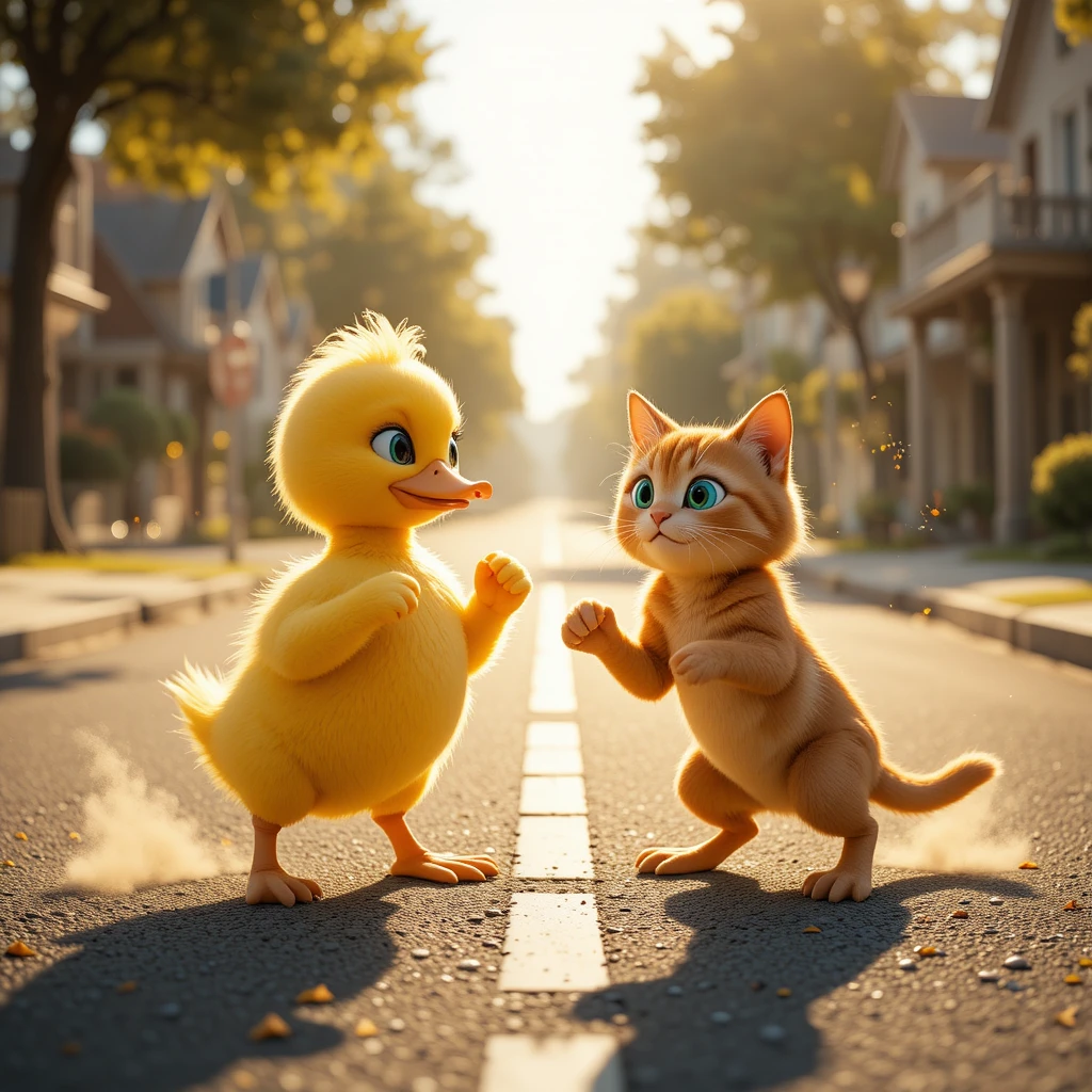 Playful duck and cat face off on a sunny street