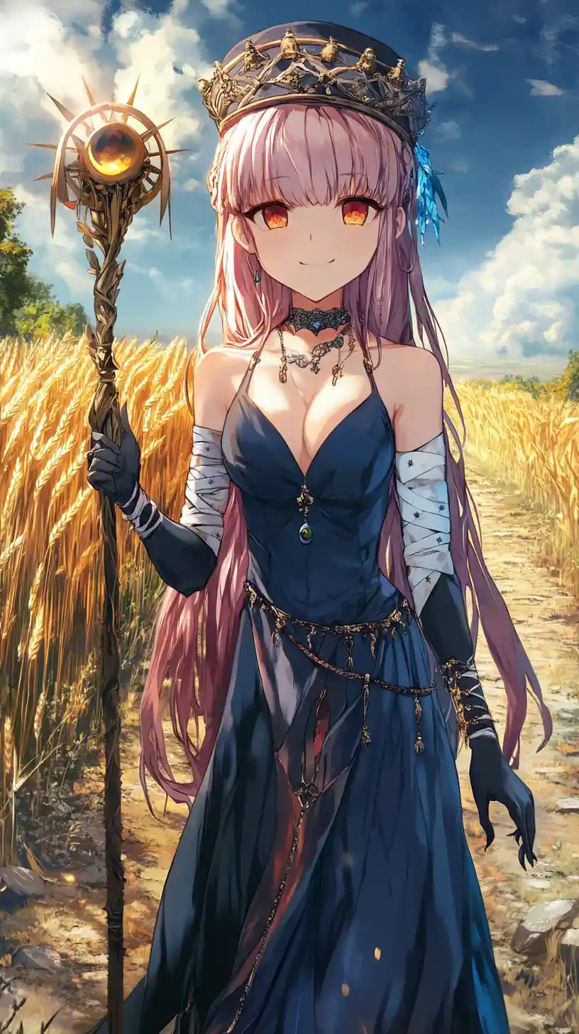 Anime girl on an old stone road beside a golden wheat field