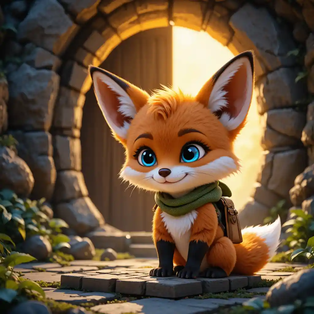 Cute baby fox solving a glowing magical stone door puzzle