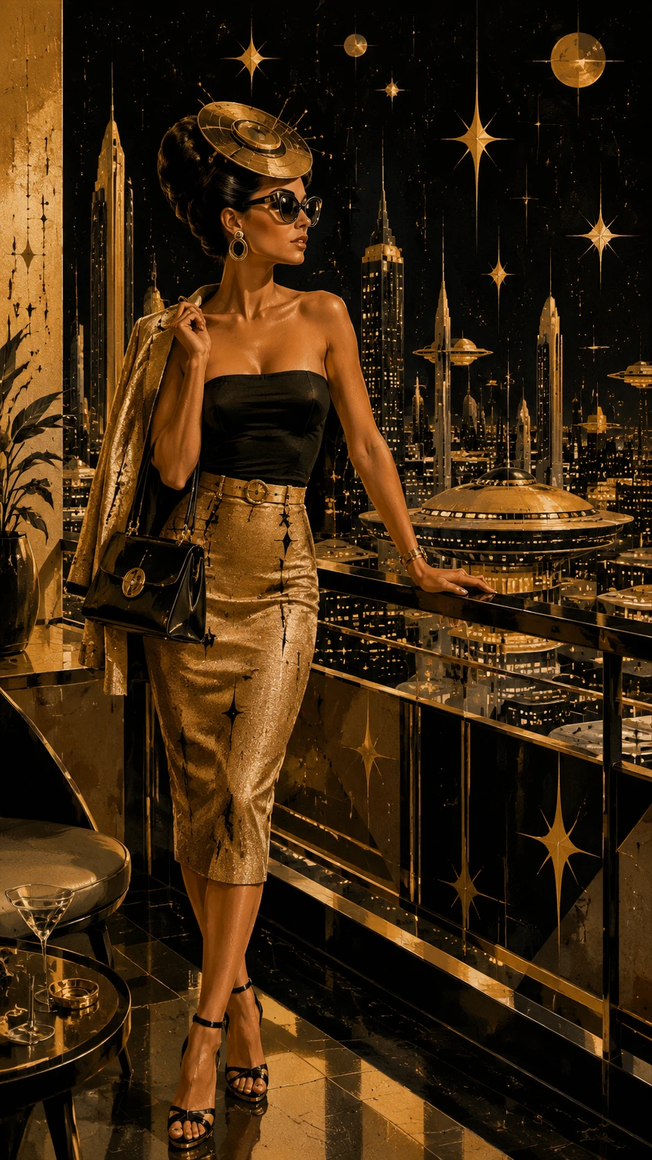 Mujer elegante en veranda urbana con glamour retro futurista