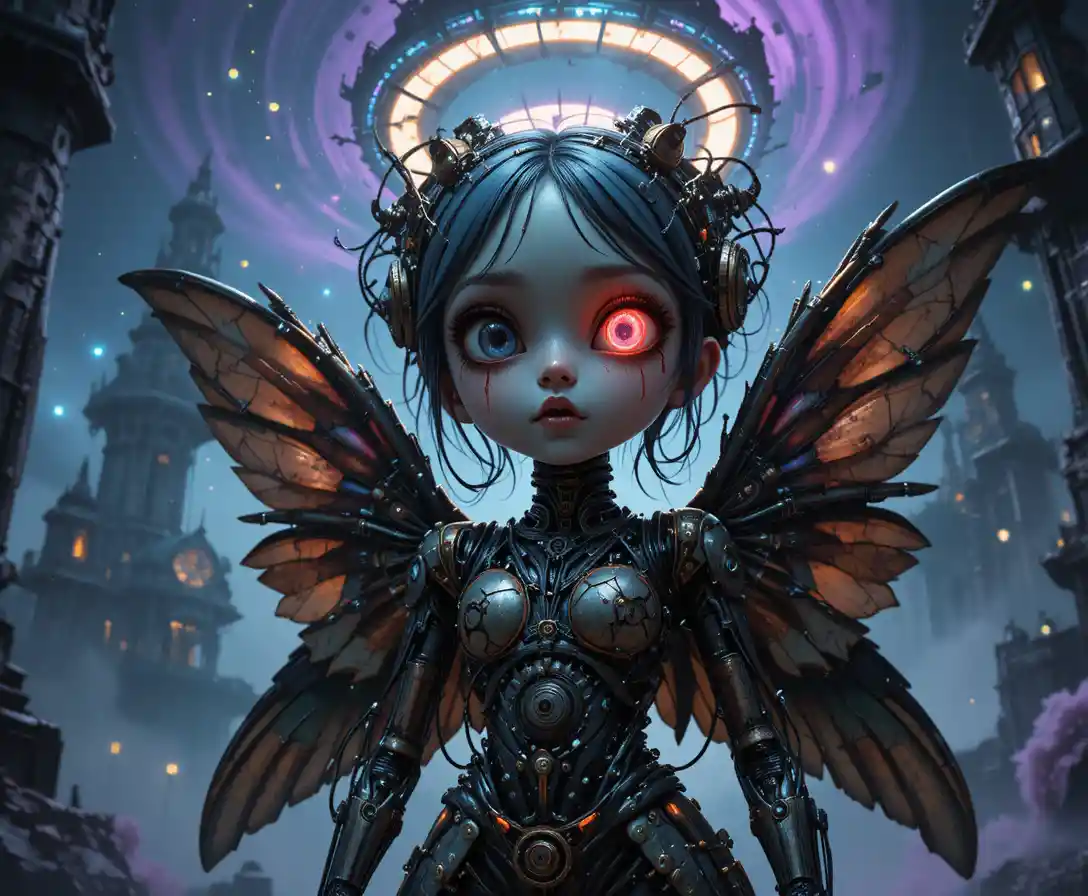 Surreal cybernetic angel with steampunk wings in void
