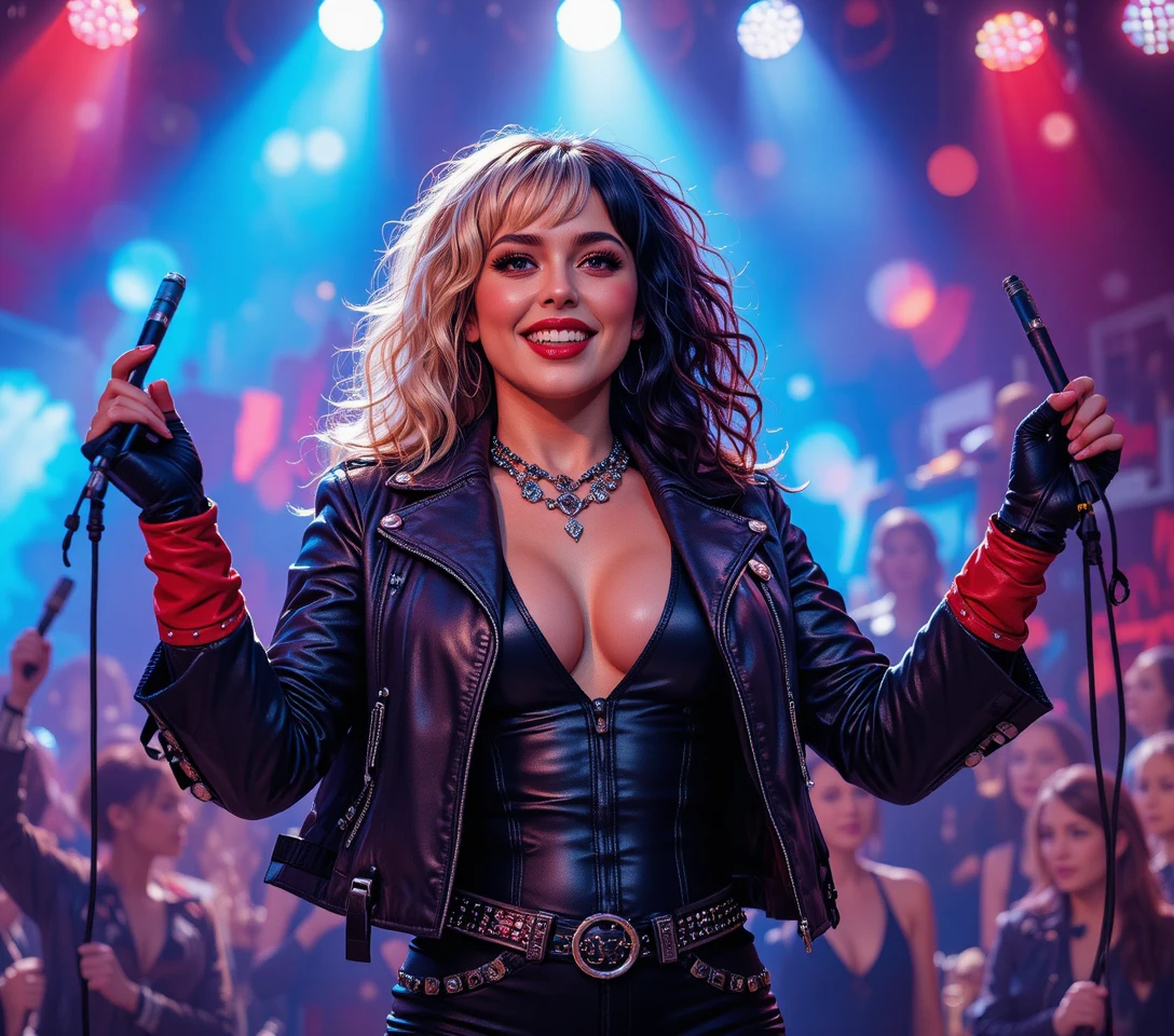 Close up of smiling biker woman on colorful stage