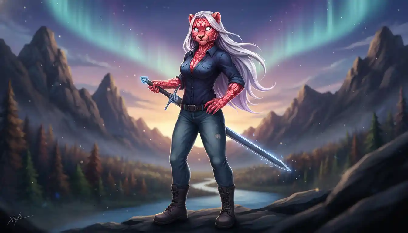 Crystallized feline warrior woman with spiral sword