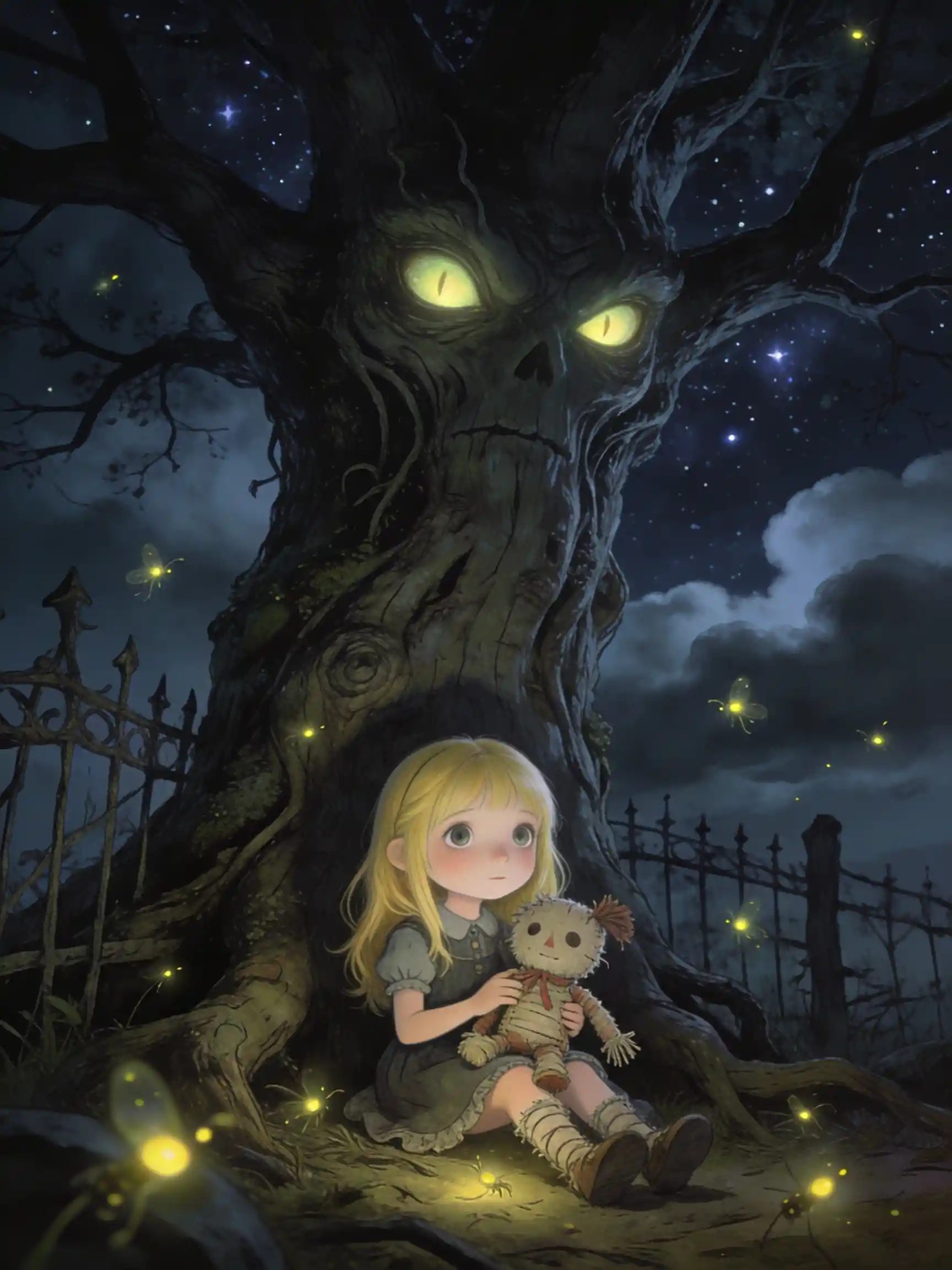 Girl with rag doll under a giant spooky tree