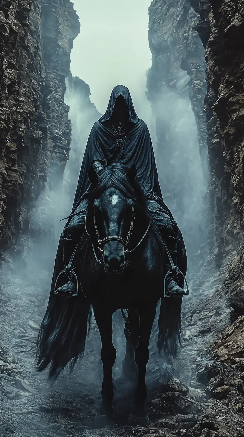 Hooded rider on a black horse in a misty canyon