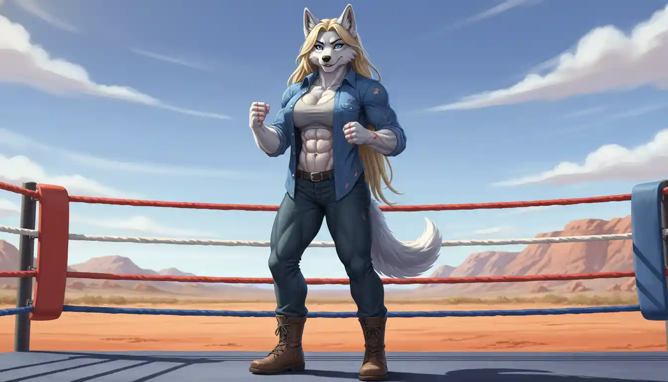 Tall silver direwolf woman boxer in casual clothes