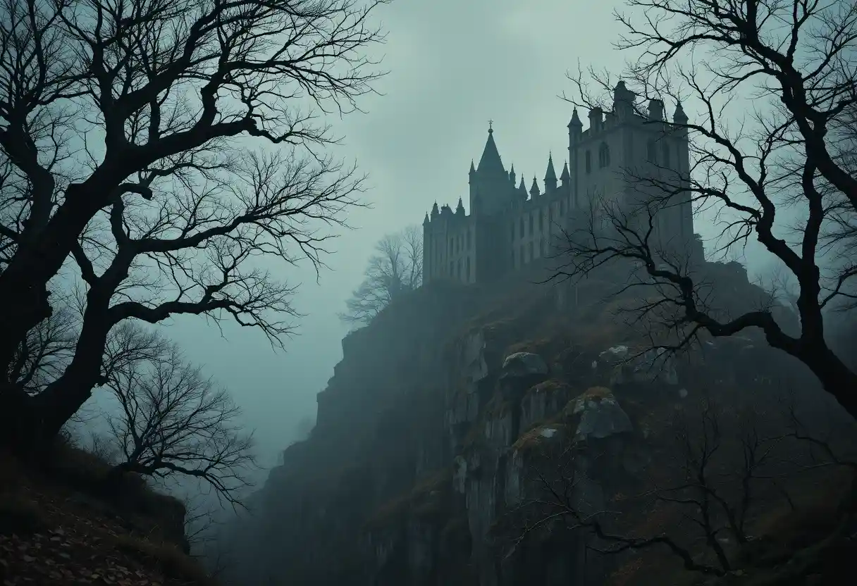 Moody Medieval Castle Ruins On Cliff In Thick Fog