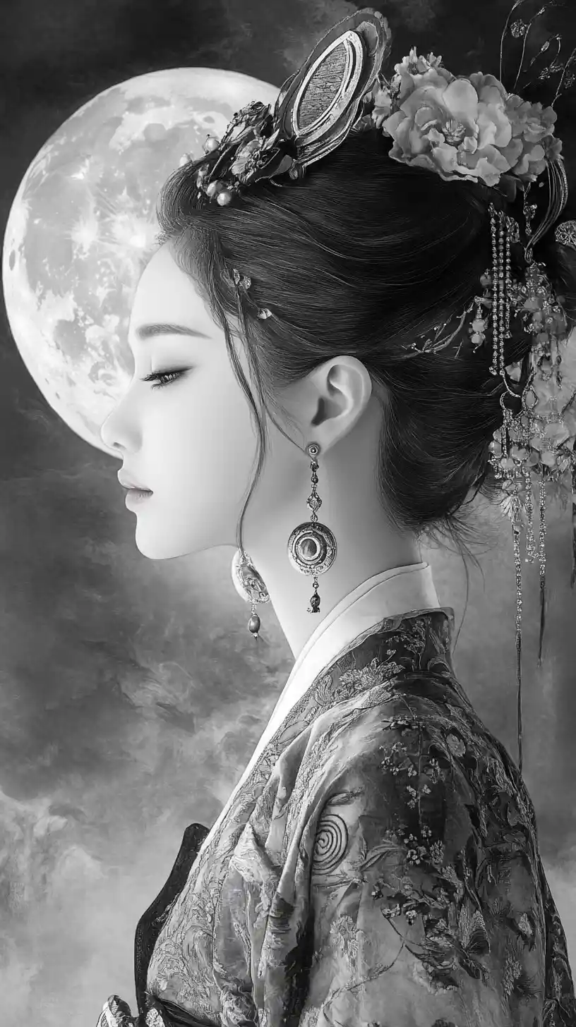 Side profile of an elegant girl under a glowing moon
