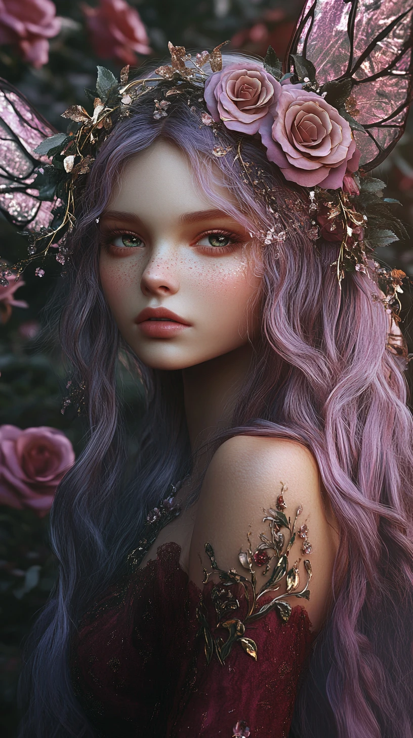 Ethereal fairy queen with rose crown in dark forest