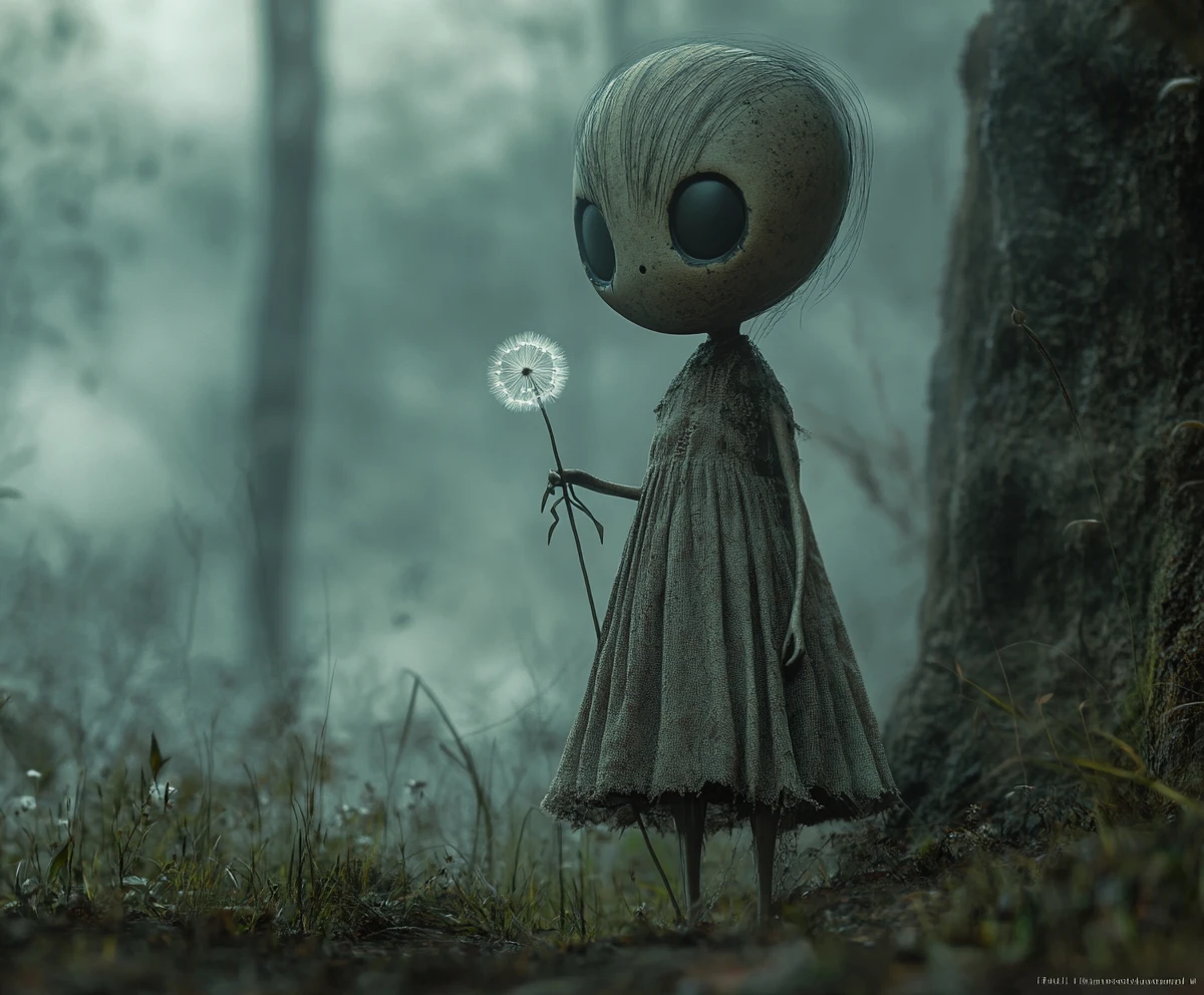 Wistful child with dandelion at the edge of a misty forest