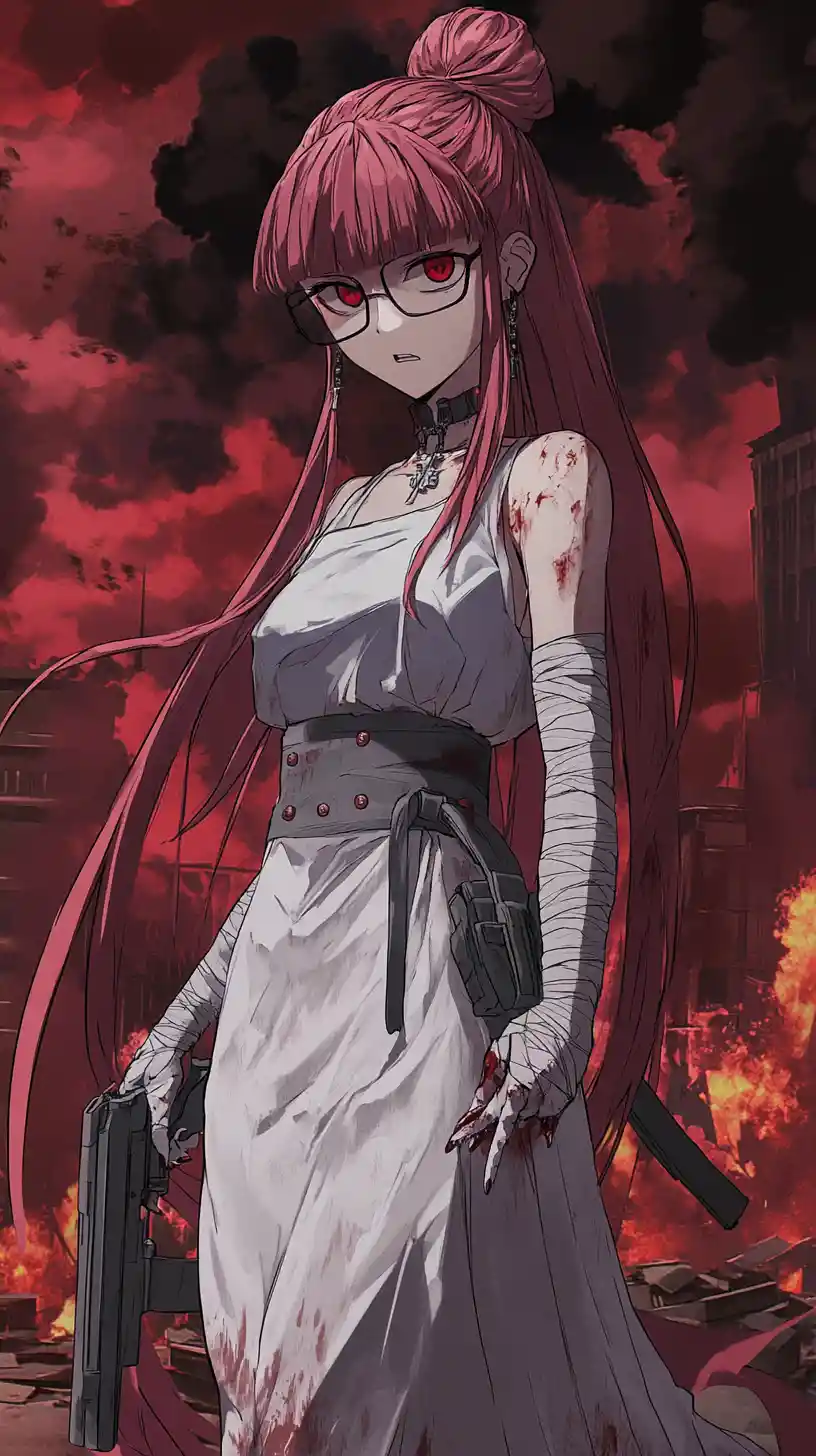 Ghostly anime girl in silver bandaged dress with chains
