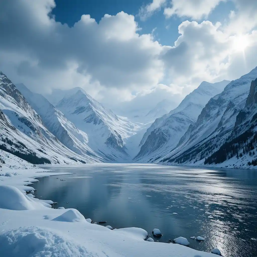 Snowy mountain landscape with frozen lake and clouds