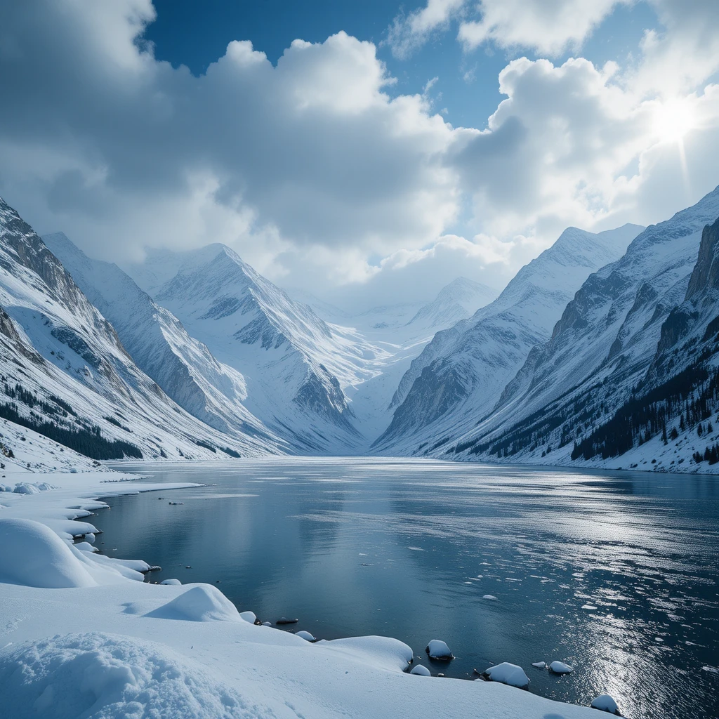 Snowy mountain landscape with frozen lake and clouds