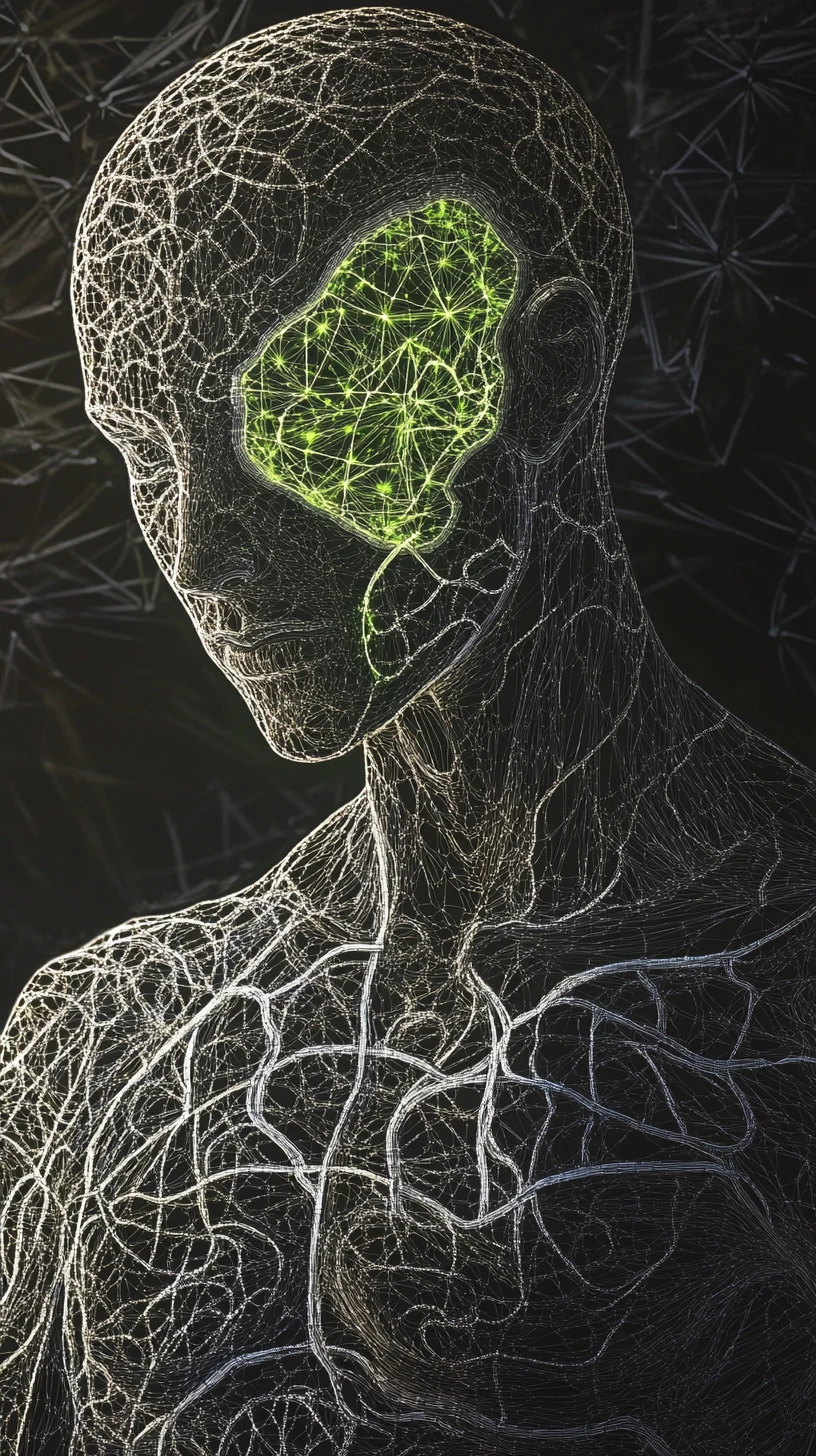Humanoid alien figure covered in intricate map like patterns