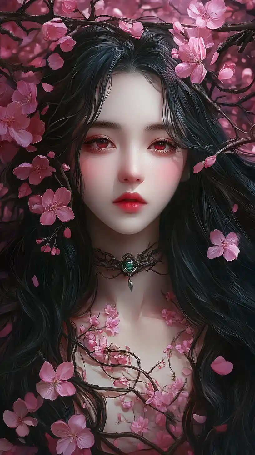 Cherry blossom anime woman in dreamy close up portrait