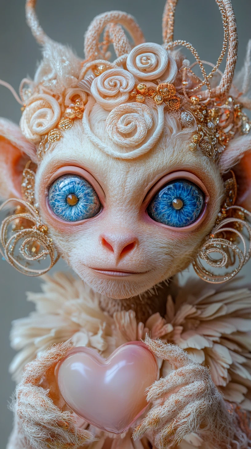 Whimsical candy adorned creature with huge blue eyes