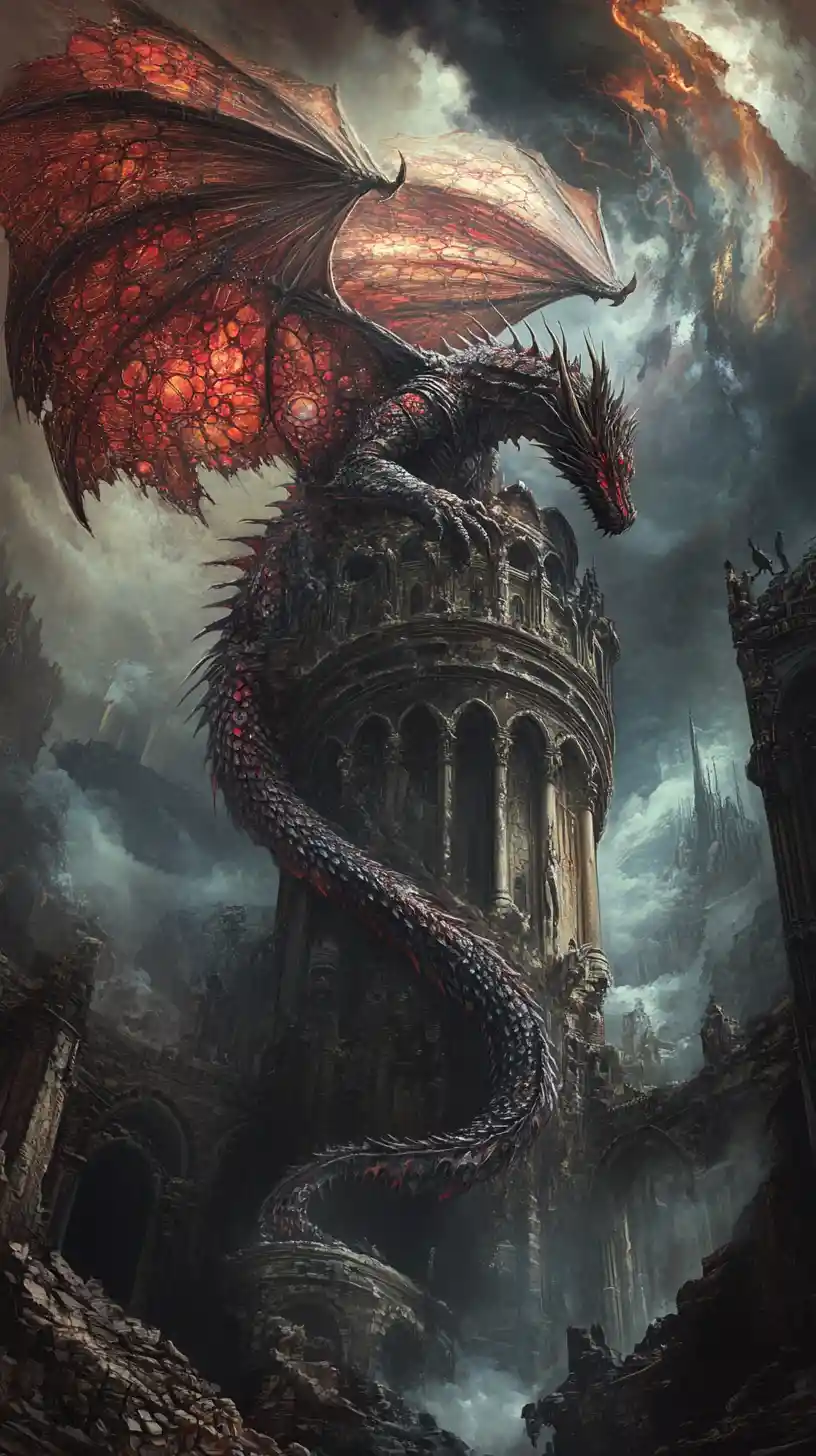 Dragon Brooding Atop A Gothic Cathedral In Surreal Night