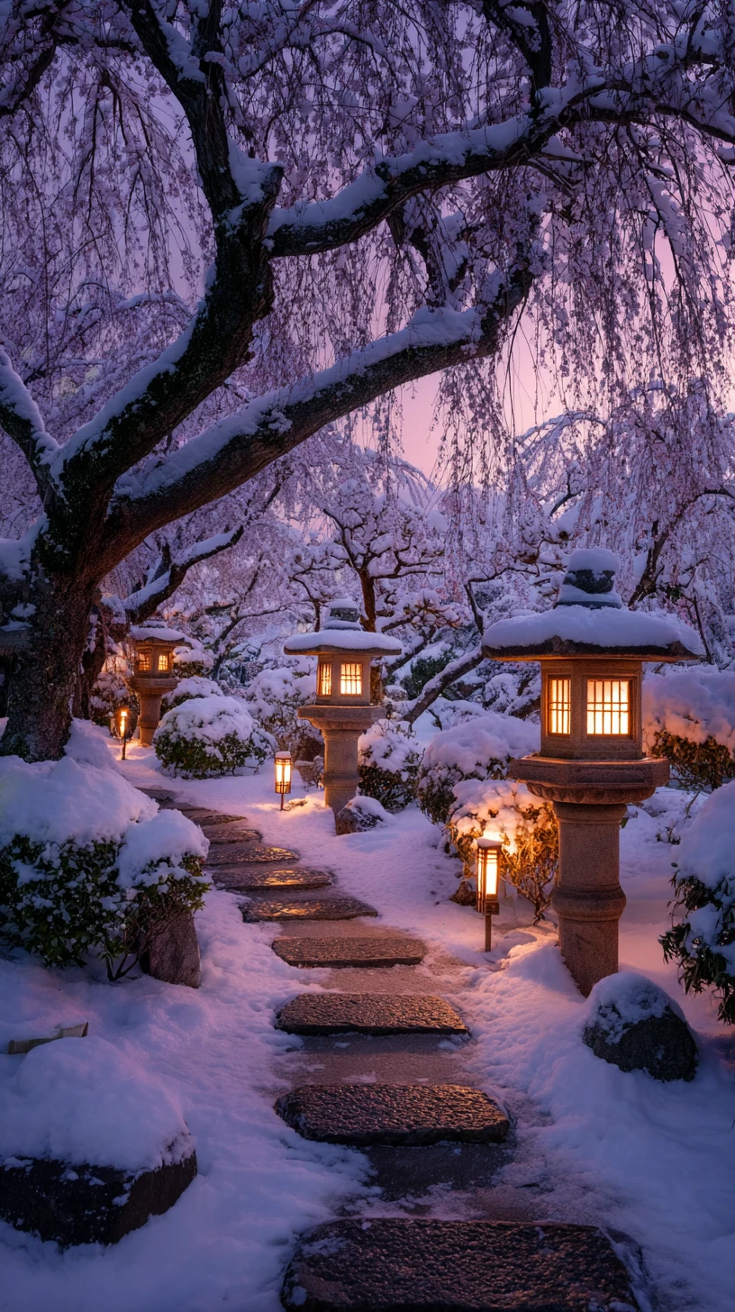 Snow covered cherry blossom garden at dusk in Kyoto