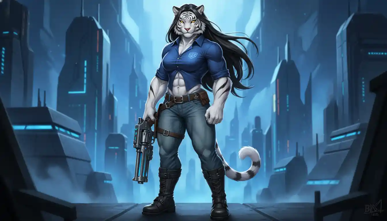 Tall white tiger woman in casual clothes with revolver