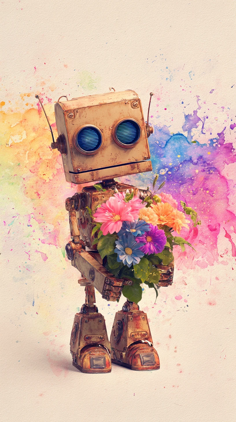 Cute retro robot holding colorful flowers in watercolor