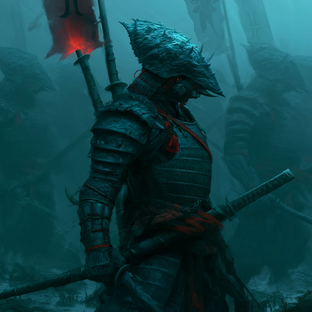 Cold calculating assassin standing amid a dark battlefield