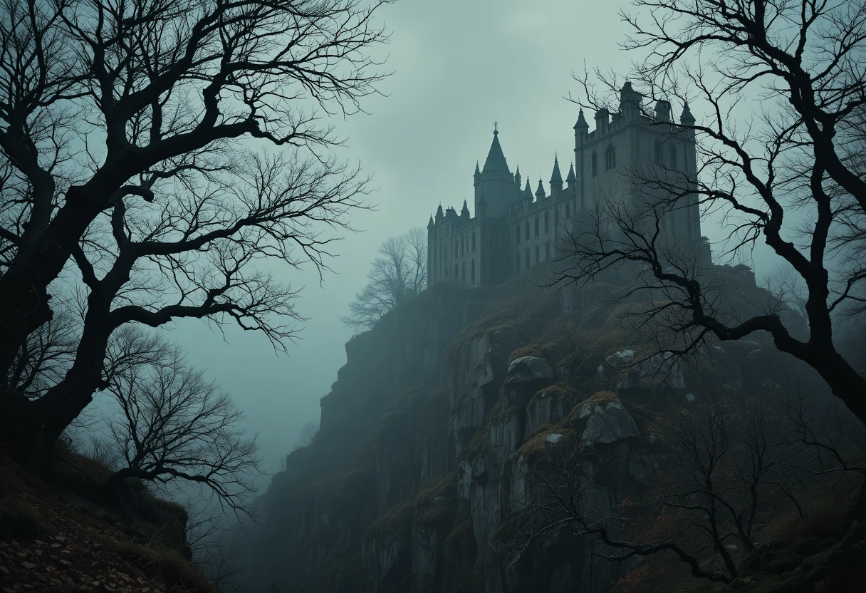 Moody Medieval Castle Ruins On Cliff In Thick Fog