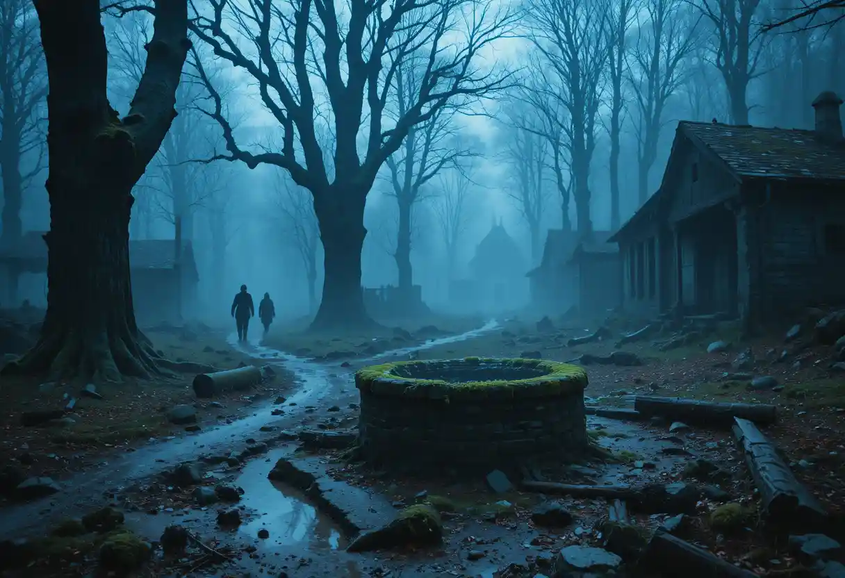 Abandoned medieval village well in blue foggy forest