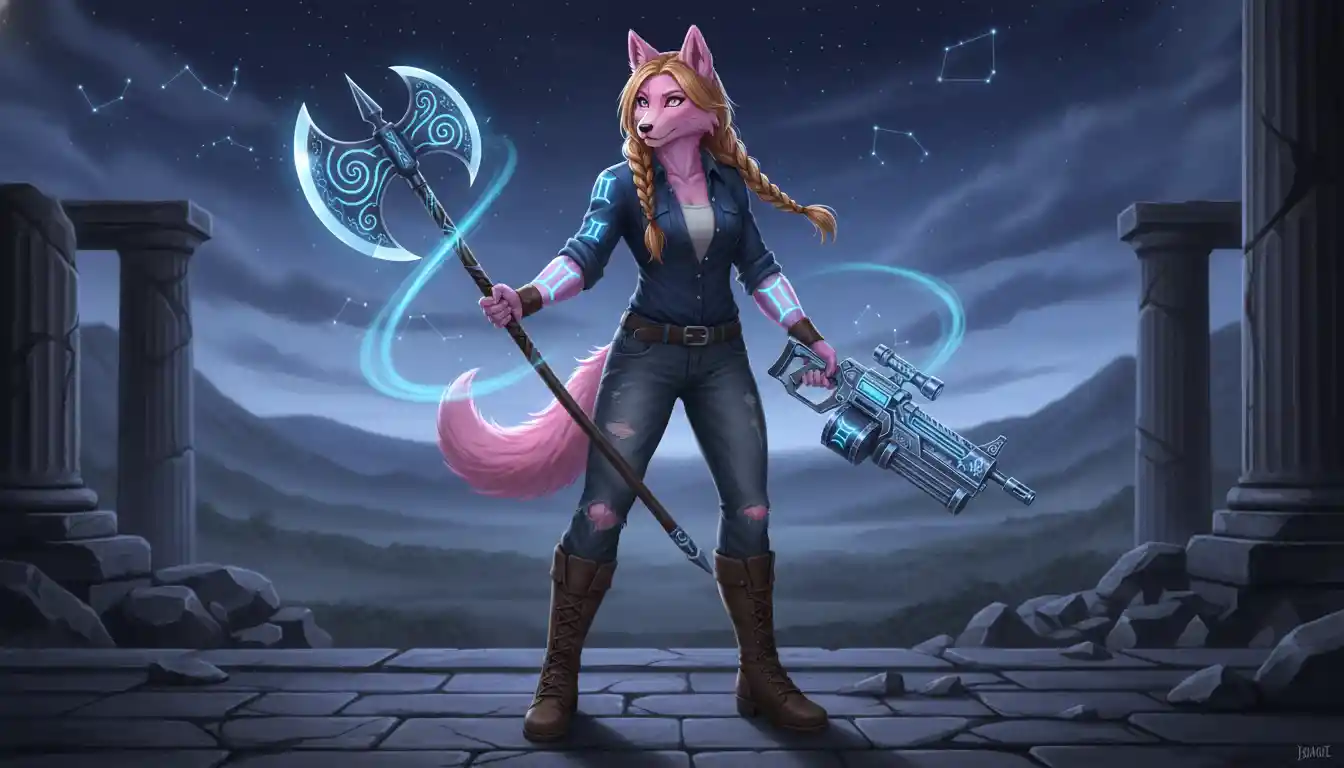 Pink anthro wolf girl with gemini markings and weapons