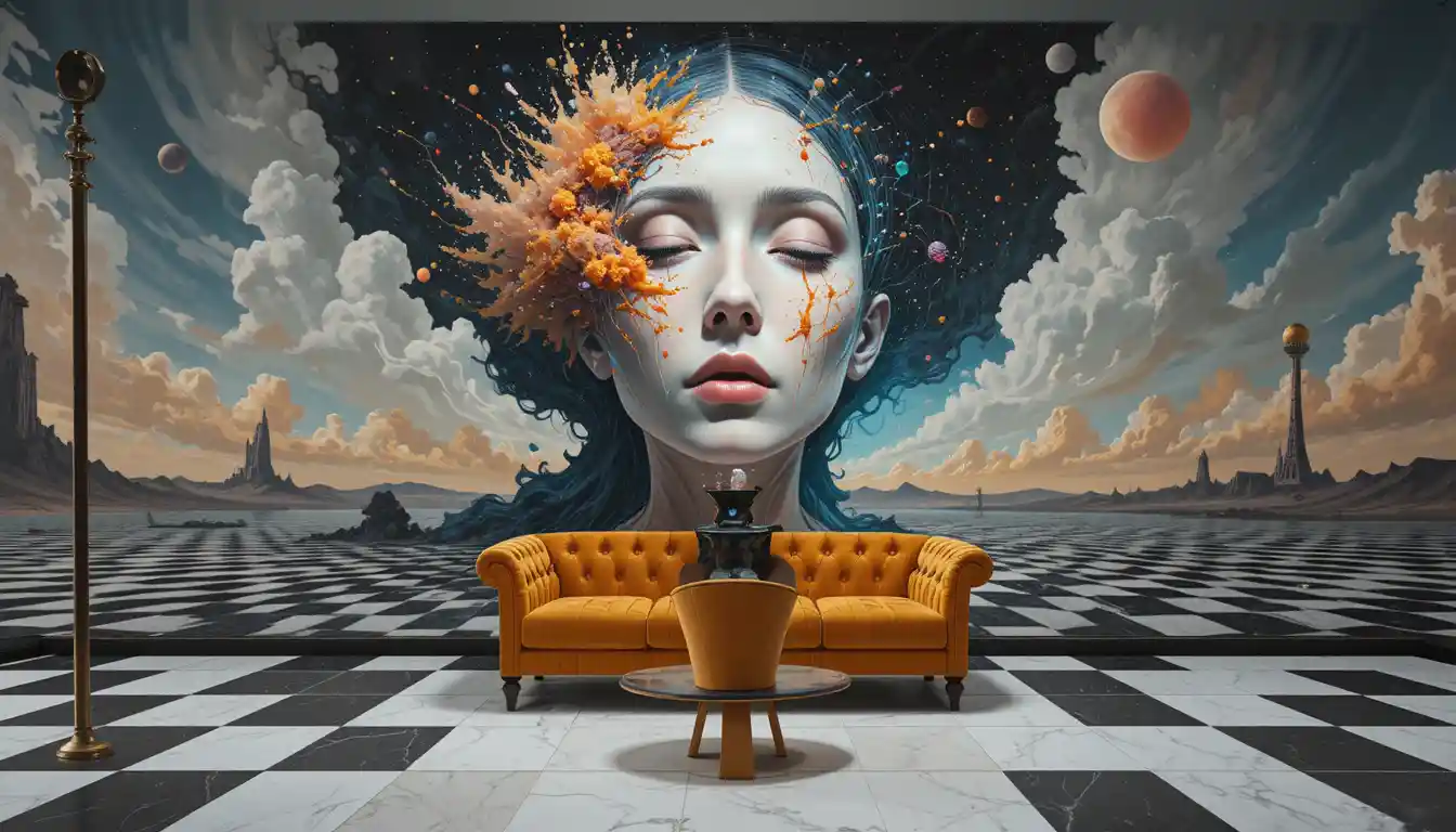 Surreal female portrait with tear in abstract gray space