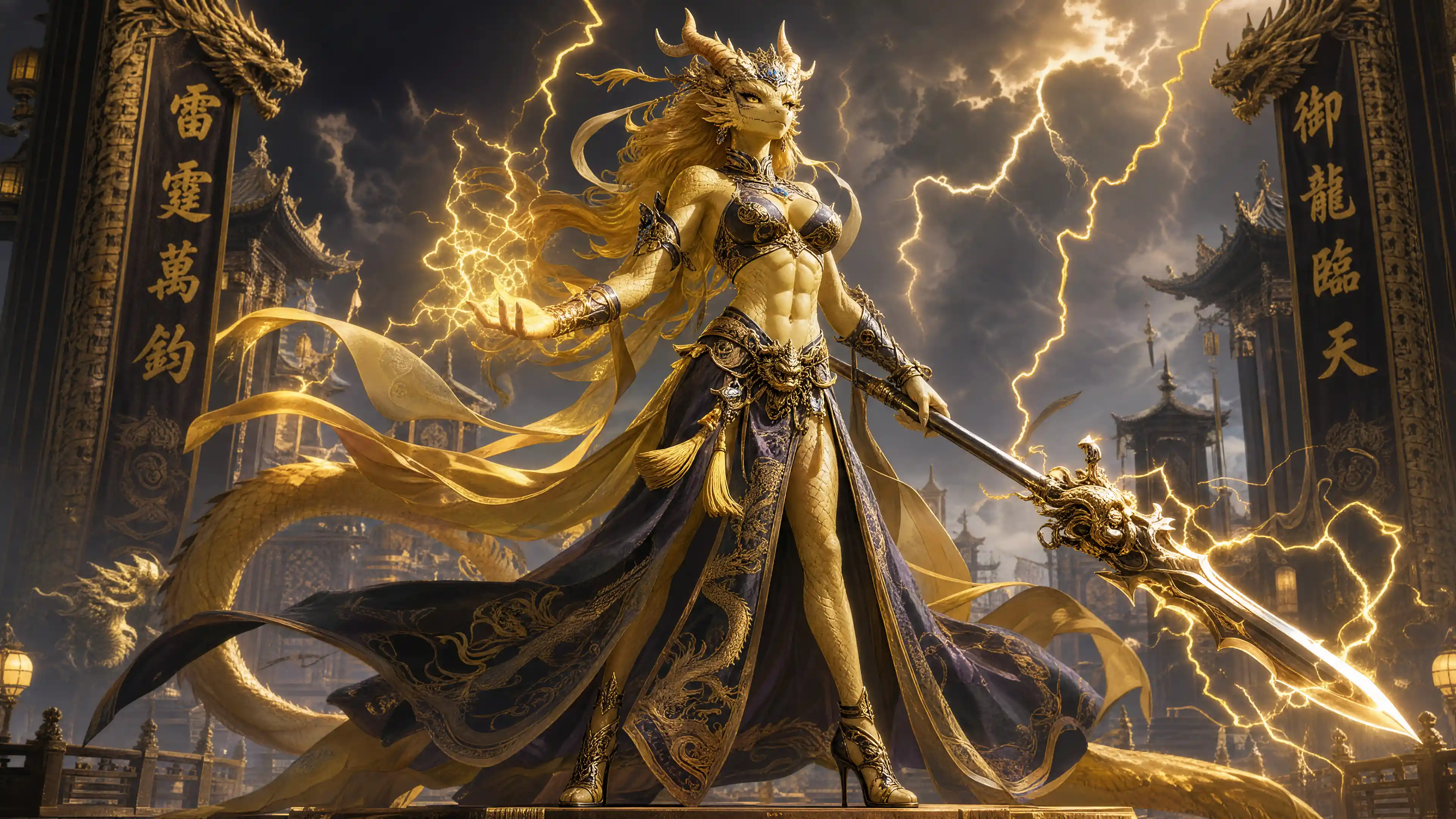 Regal dragon queen woman wielding a lightning spear