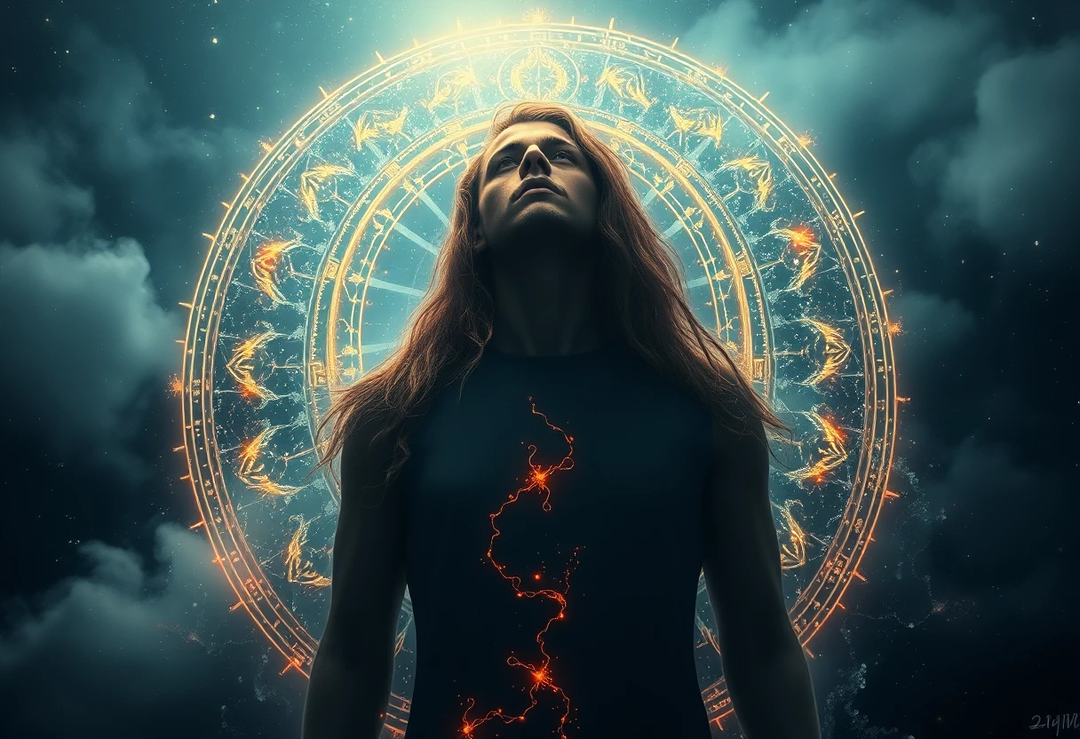 Full body woman linked to a glowing cosmic water cycle