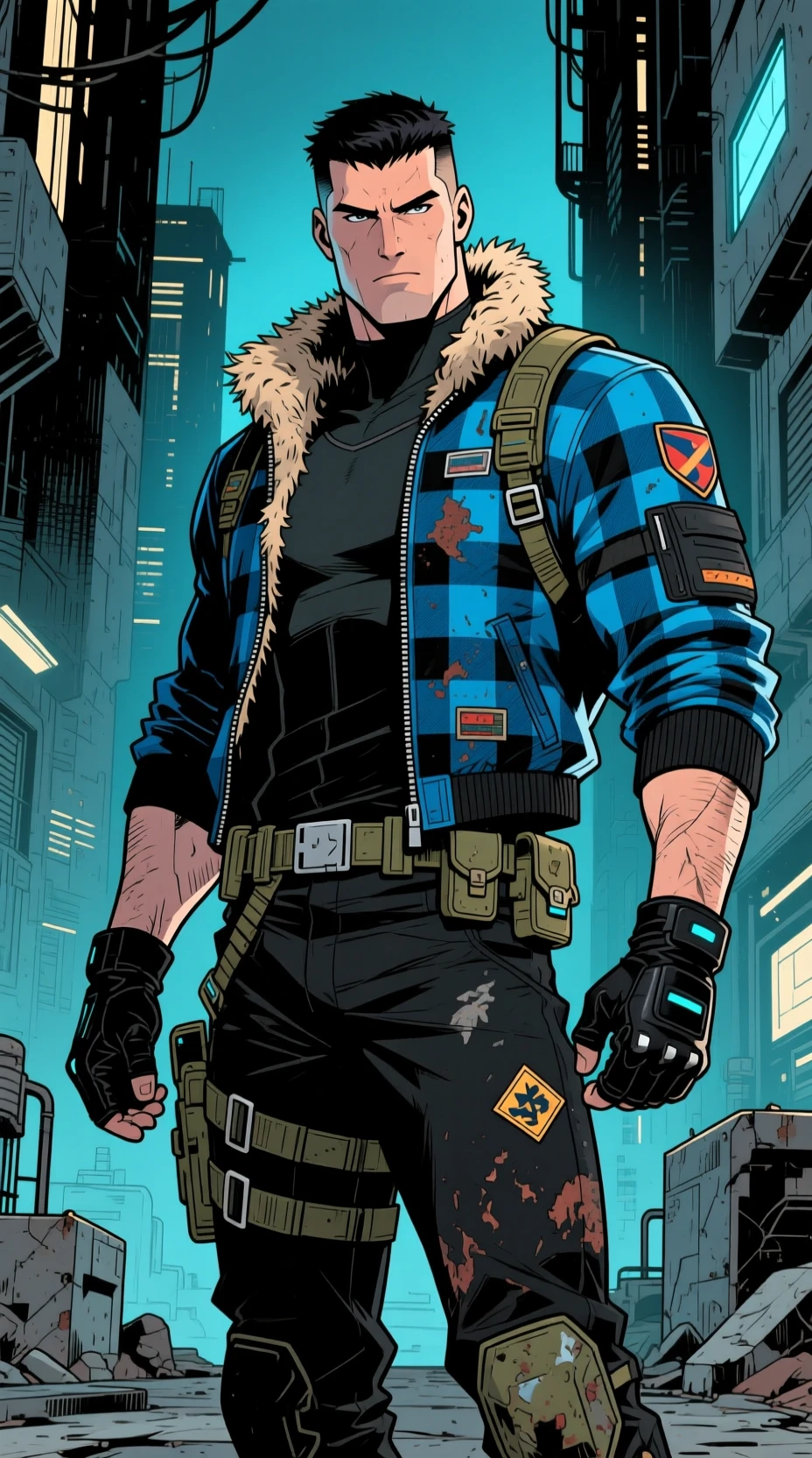 Sci fi pilot in blue jacket in futuristic city