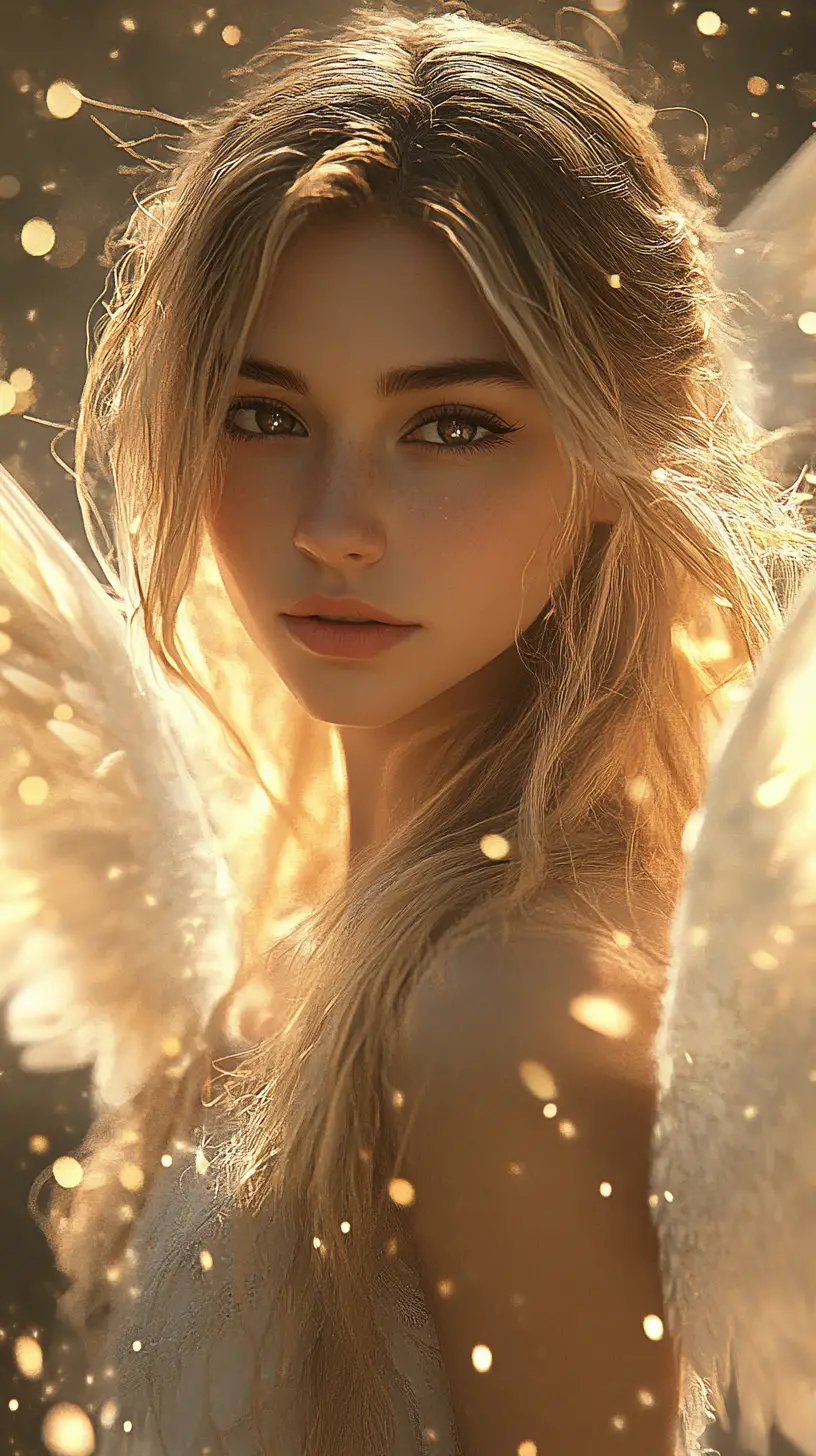 Ethereal angelic girl with golden hair and wings