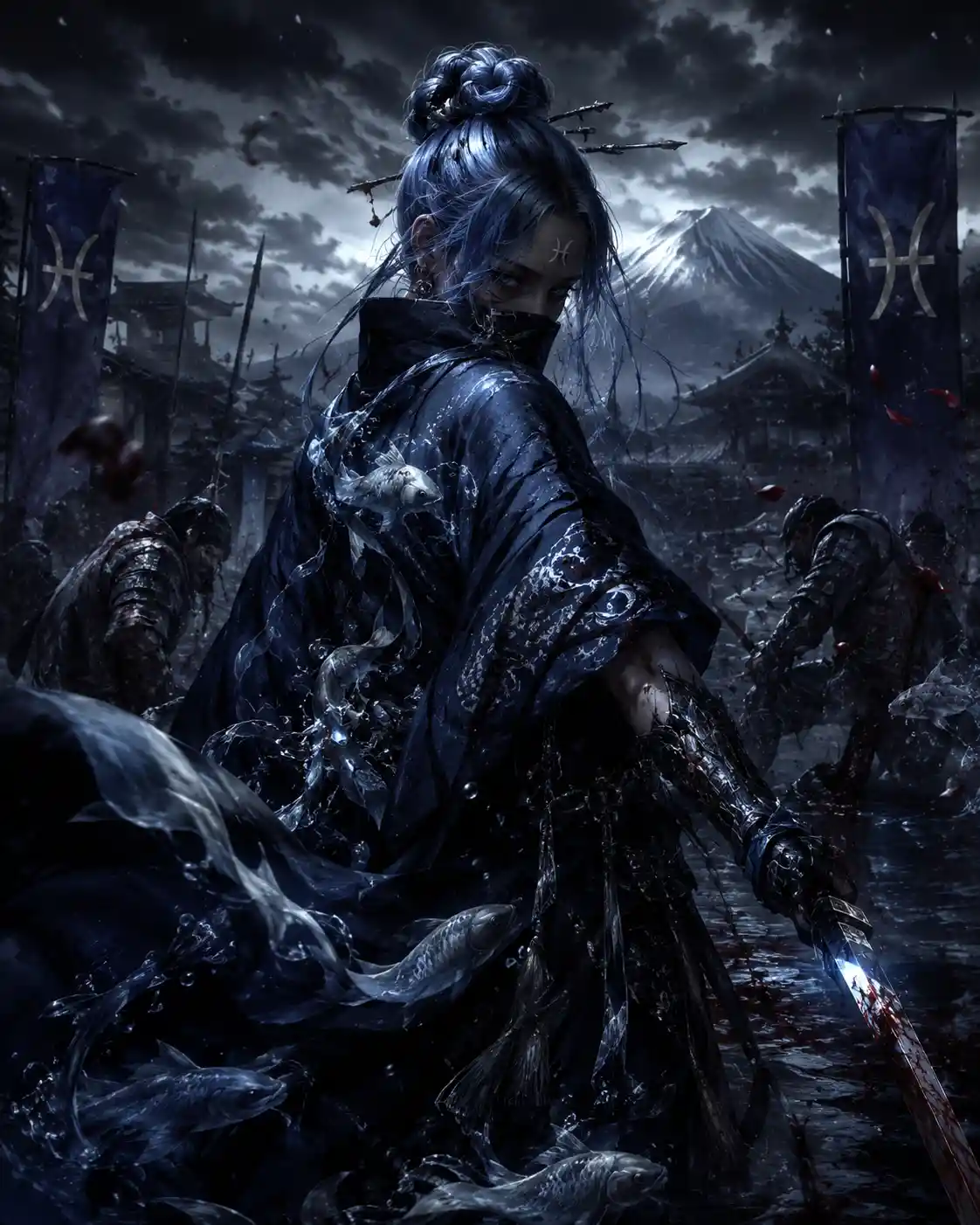 Cold calculating assassin standing amid an intense battle