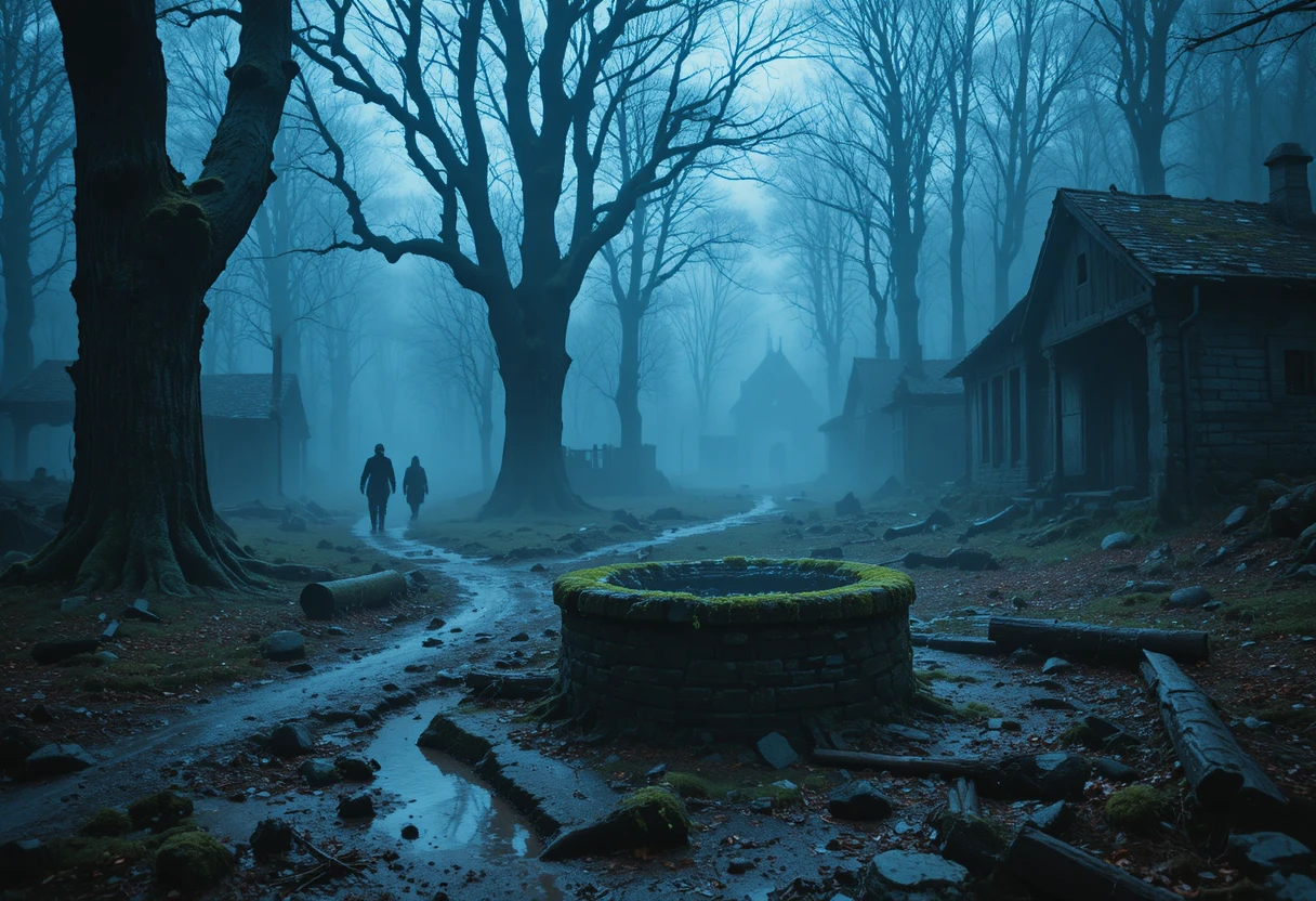 Abandoned medieval village well in blue foggy forest