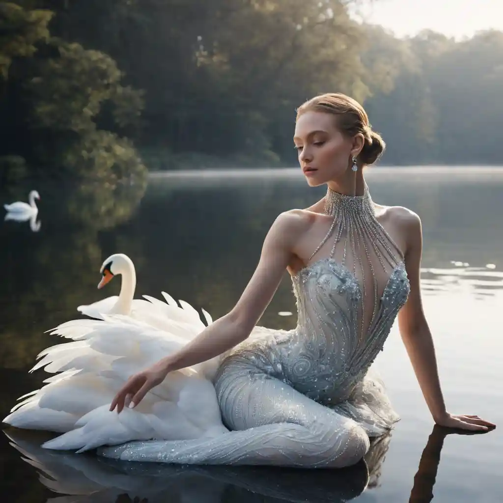 Elegante Frau als gläserne Schwanen-Muse an einem Kristallsee