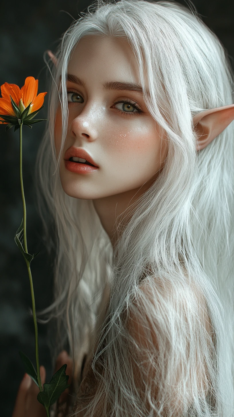 Elf girl portrait with white hair and orange wildflower