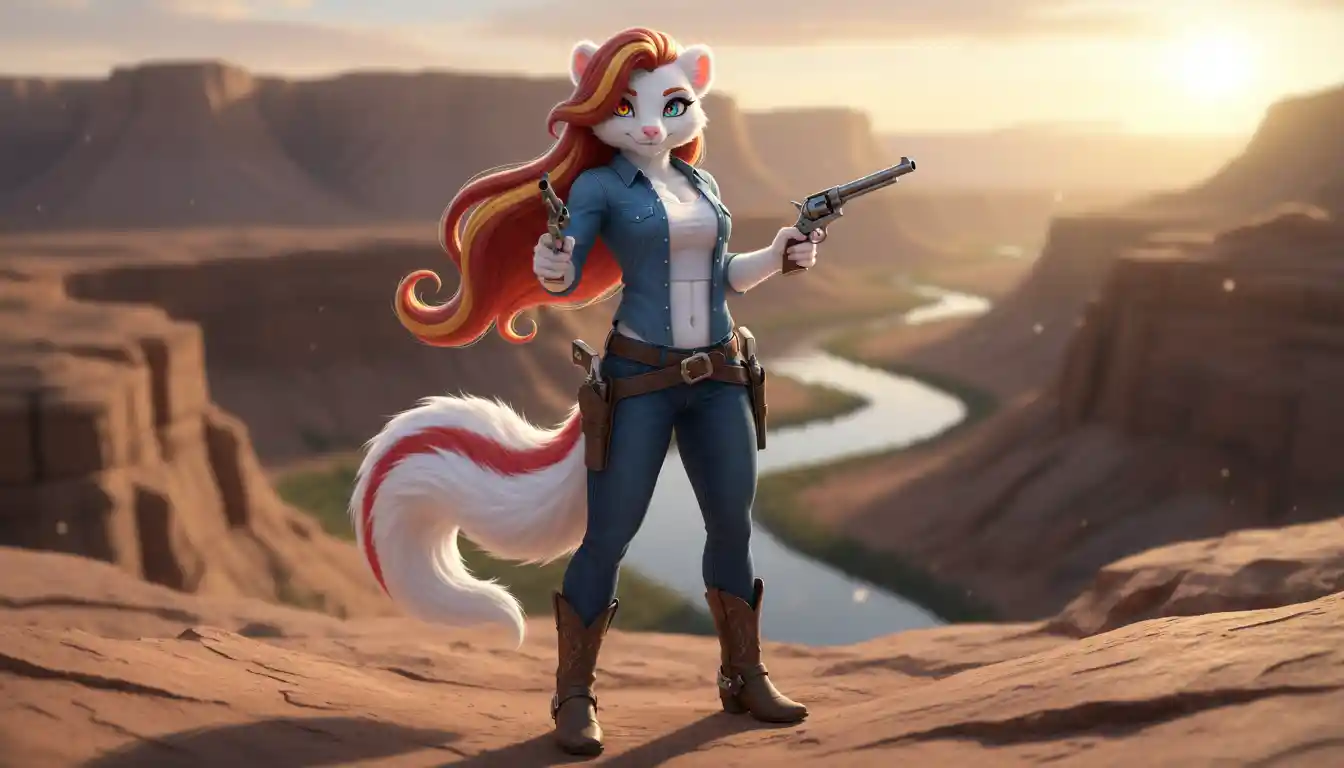 Albino skunk woman with revolvers in casual outfit