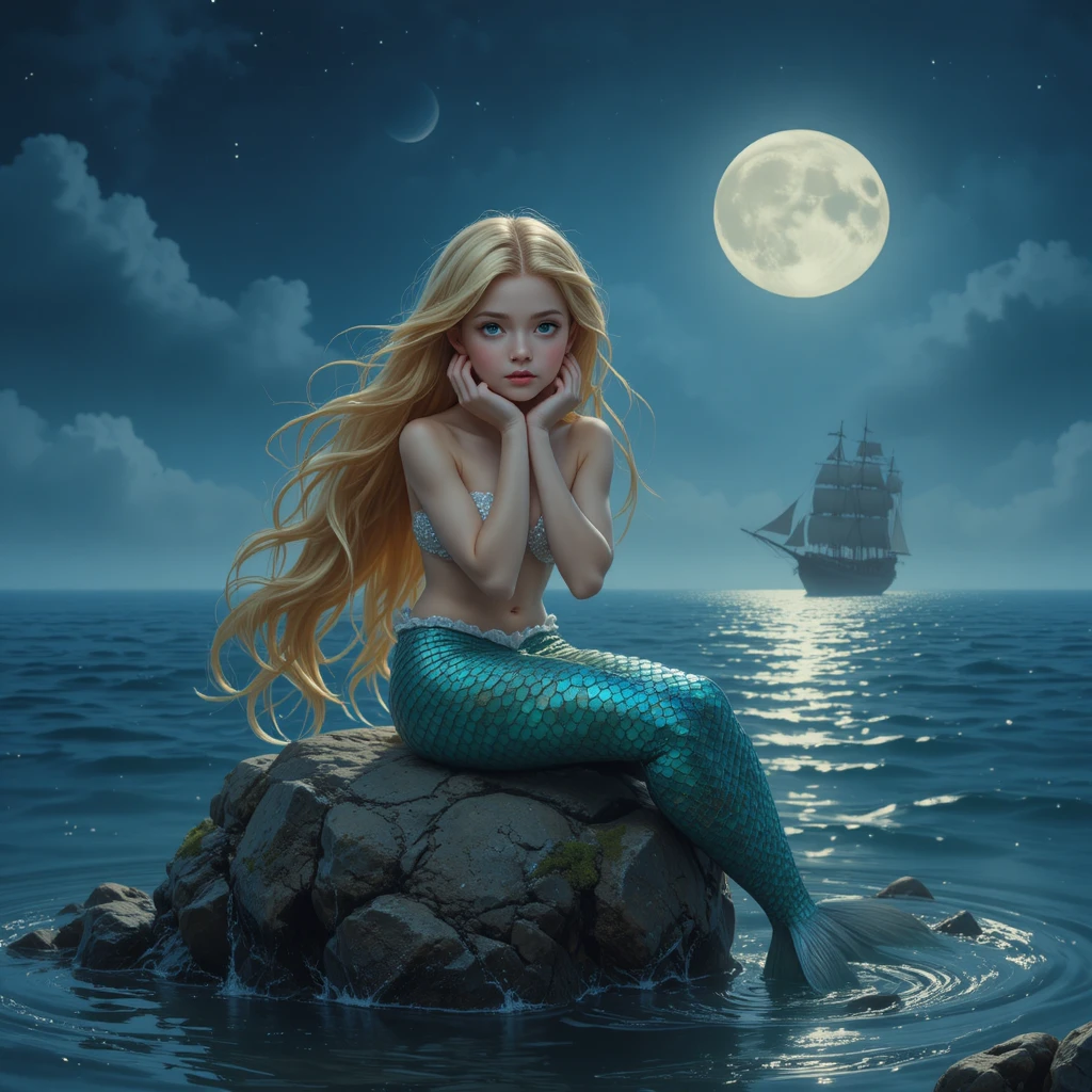 Little mermaid resting on a sea rock under moonlight