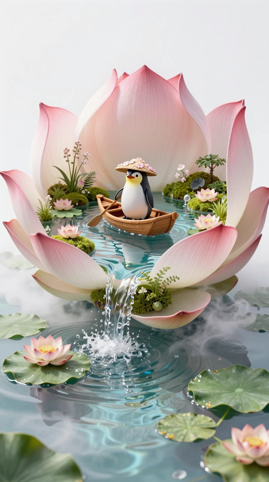 Tiny penguin rowing a boat inside a lotus sanctuary