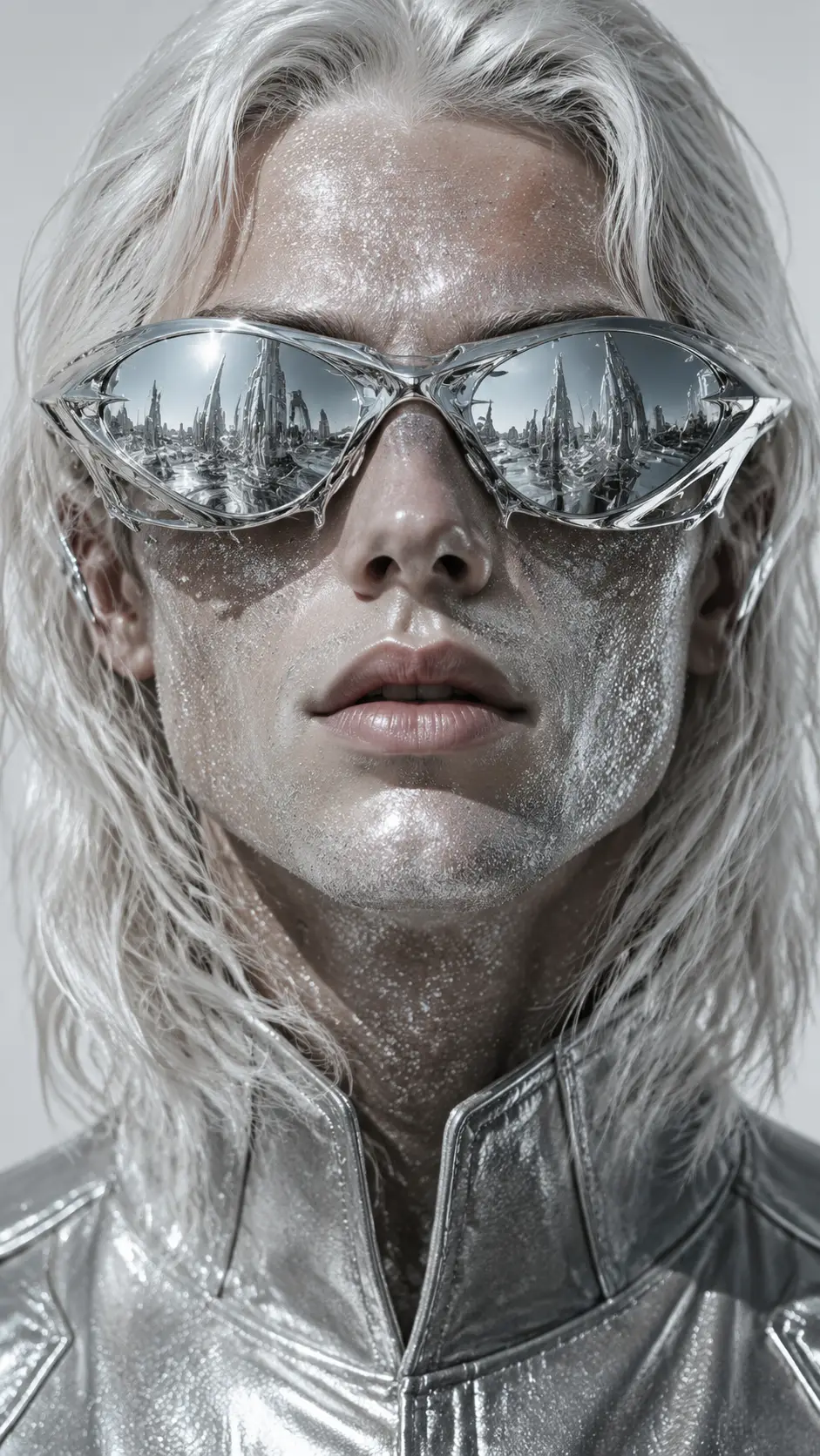 Close up portrait of albino man in silver futuristic fashion